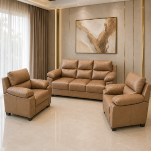 Premium Tan Leather 3+1+1 Sofa Set | Modern Living Room Sofa Set | 3 Seater with 2 Single Armchairs