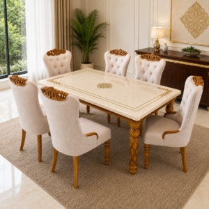 Regal Marble Top 6-Seater Dining Set — Solid Teak