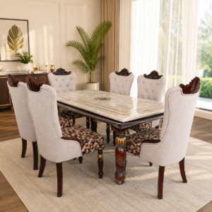 6 Seater Teak & Marble Dining Set