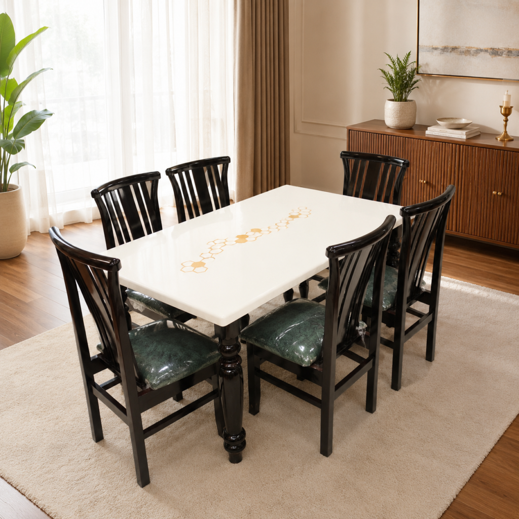 Teak Wood Marble Top 6-Seater Dining Set (1+6)