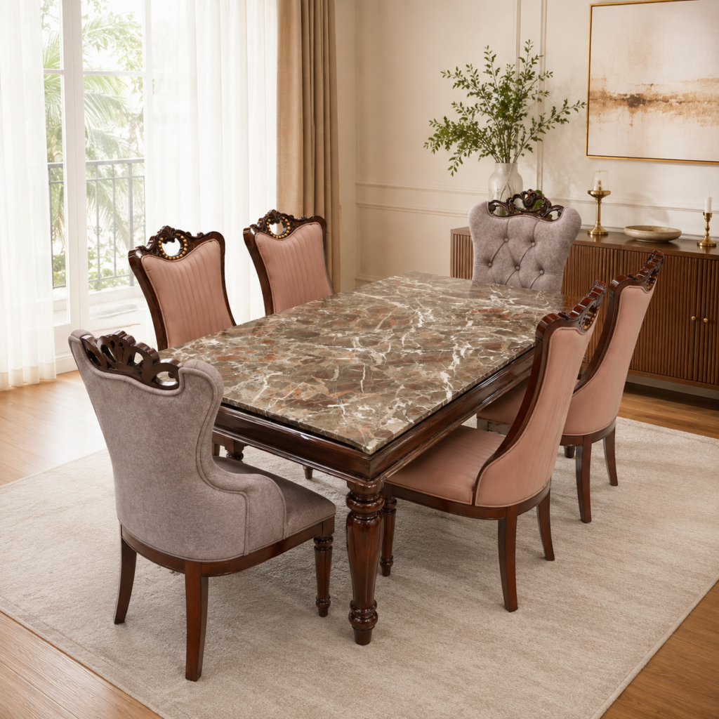 Marble Top Cushion Model Dining Set (1+6)