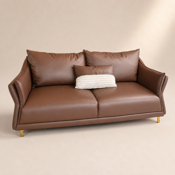 Modern Plush 3 Seater Sofa — Brown Leatherette