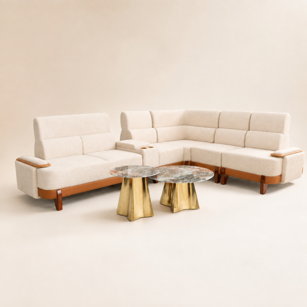 Teak Base Corner Sofa Set with Console — Fabric