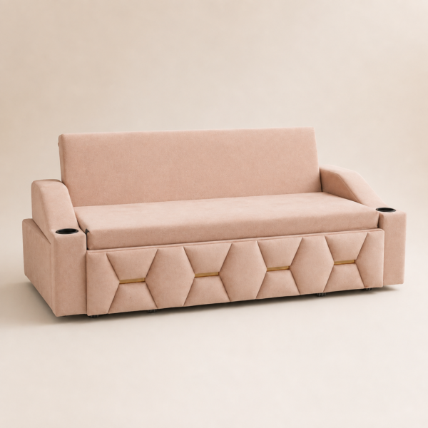 Convertible Sofa-cum-Bed with Cupholders — Blush Pink