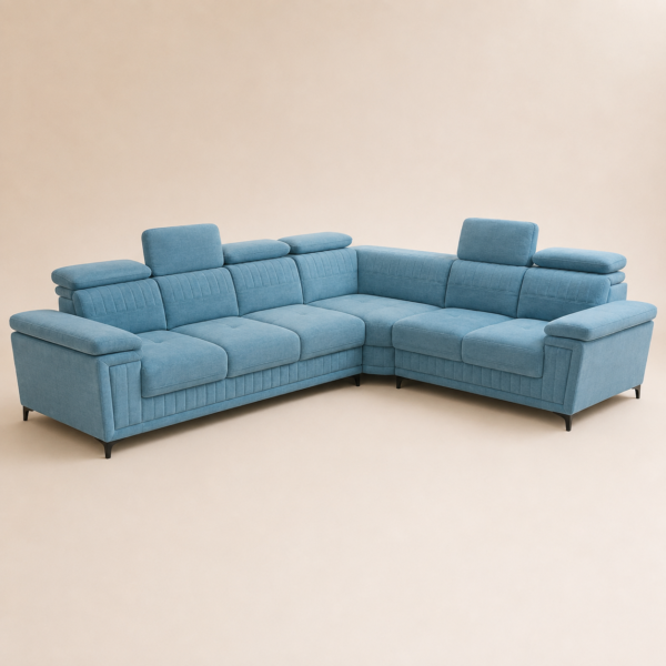 L-Shape Corner Sofa with Adjustable Headrests — Teal Blue