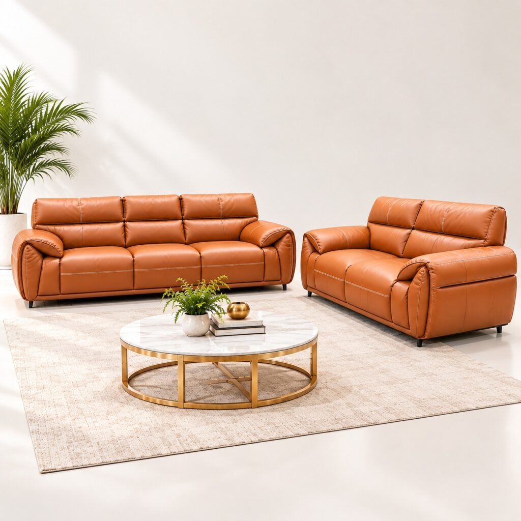 Milano 3+2 Italian Leather Sofa Set — Cognac Tan with Diamond Stitch & Golden Legs